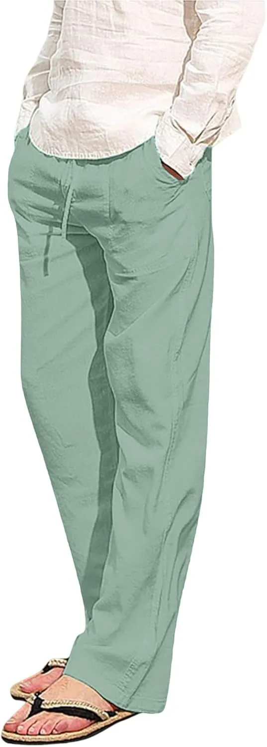 White Linen Pants Men Drawstring Slim Fit Yoga Pants Casual Vintage Lightweight Comfortable Trousers with Pockets