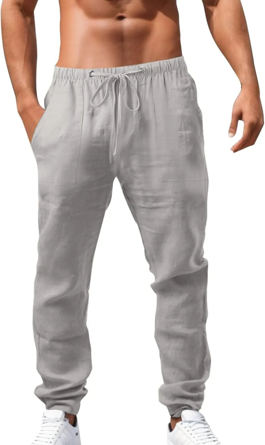 White Linen Pants Men Drawstring Slim Fit Yoga Pants Casual Vintage Lightweight Comfortable Trousers with Pockets