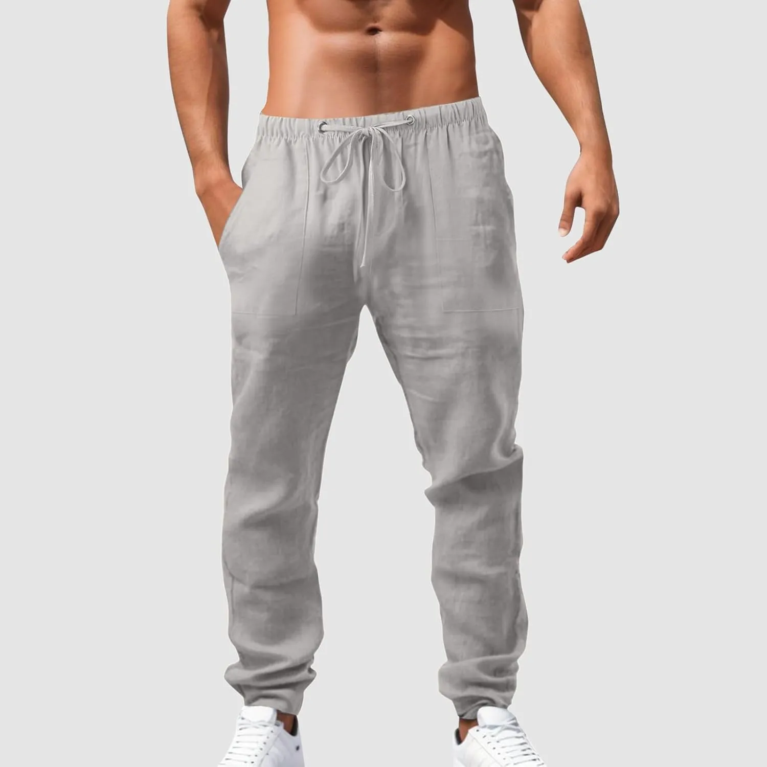 White Linen Pants Men Drawstring Slim Fit Yoga Pants Casual Vintage Lightweight Comfortable Trousers with Pockets