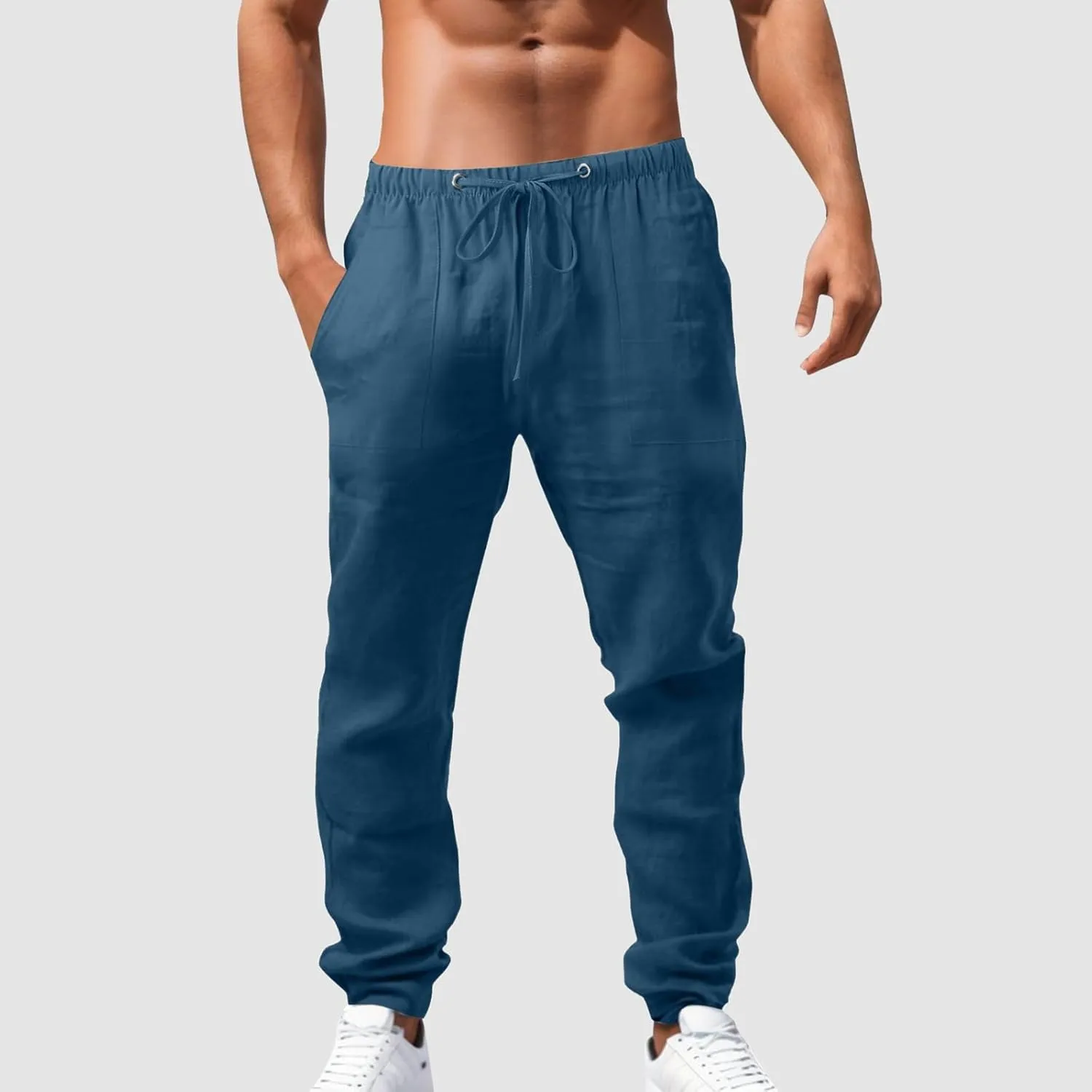 White Linen Pants Men Drawstring Slim Fit Yoga Pants Casual Vintage Lightweight Comfortable Trousers with Pockets