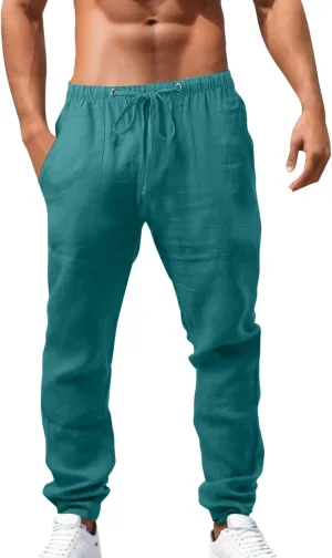 White Linen Pants Men Drawstring Slim Fit Yoga Pants Casual Vintage Lightweight Comfortable Trousers with Pockets