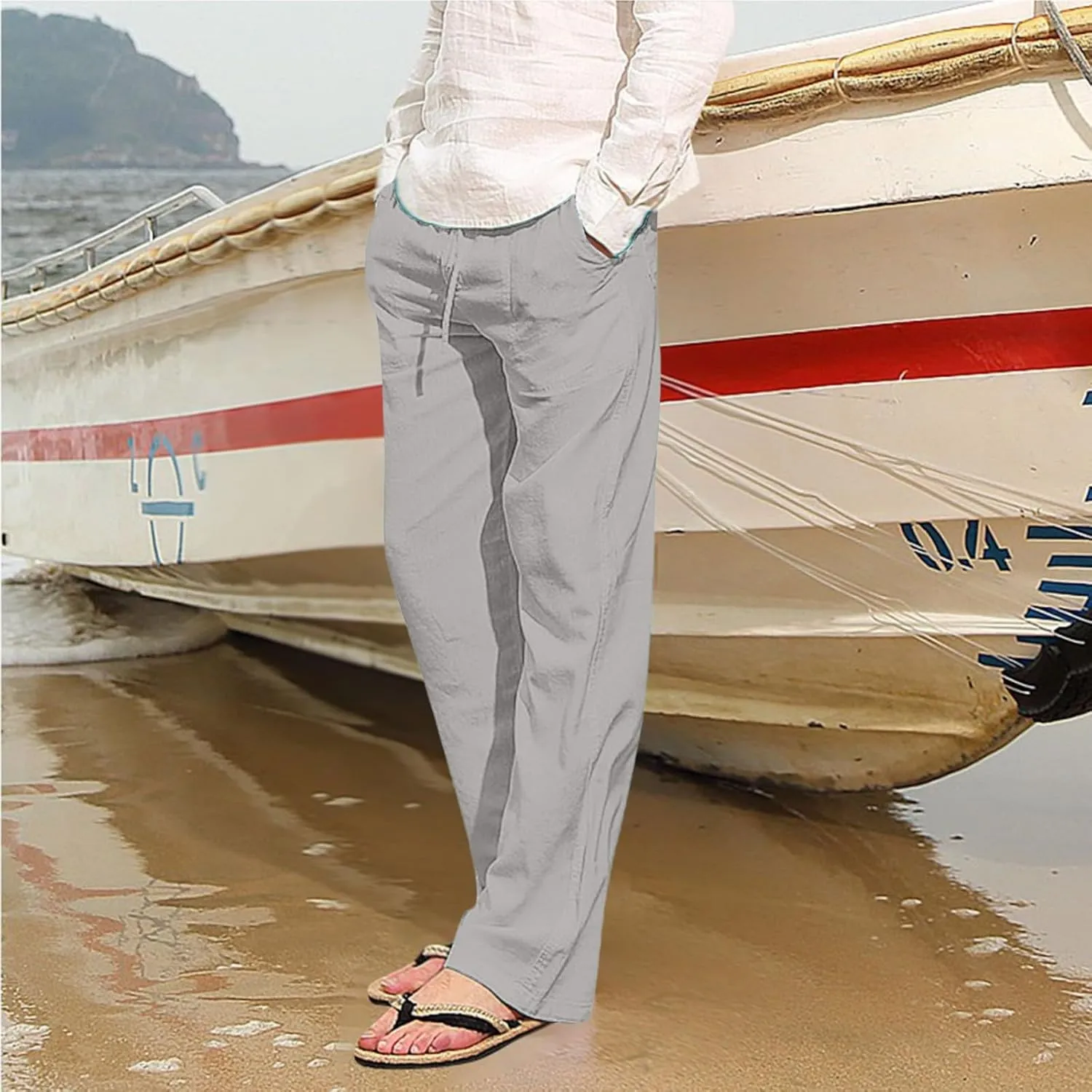 White Linen Pants Men Drawstring Slim Fit Yoga Pants Casual Vintage Lightweight Comfortable Trousers with Pockets