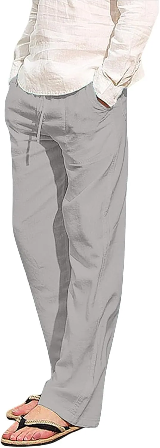 White Linen Pants Men Drawstring Slim Fit Yoga Pants Casual Vintage Lightweight Comfortable Trousers with Pockets