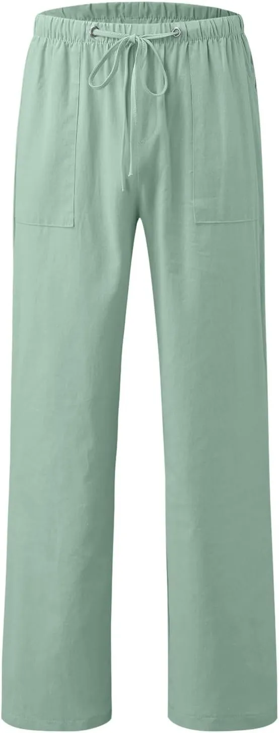 White Linen Pants Men Drawstring Slim Fit Yoga Pants Casual Vintage Lightweight Comfortable Trousers with Pockets