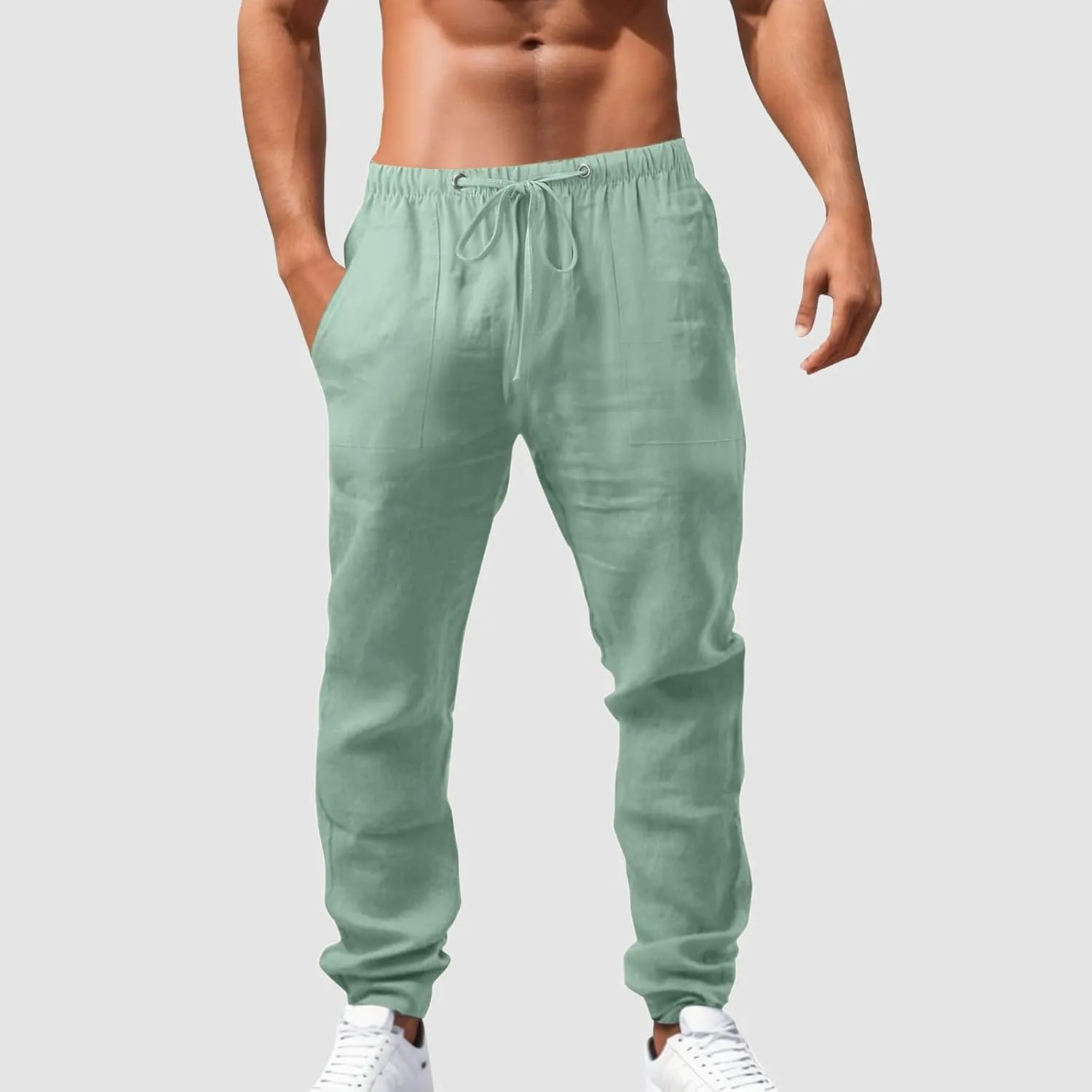 White Linen Pants Men Drawstring Slim Fit Yoga Pants Casual Vintage Lightweight Comfortable Trousers with Pockets