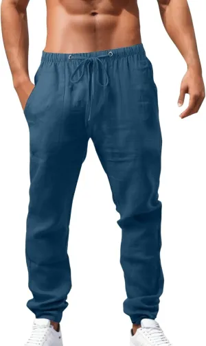 White Linen Pants Men Drawstring Slim Fit Yoga Pants Casual Vintage Lightweight Comfortable Trousers with Pockets