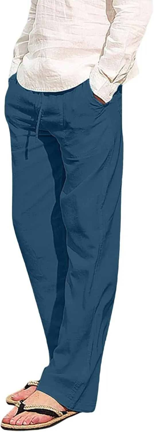 White Linen Pants Men Drawstring Slim Fit Yoga Pants Casual Vintage Lightweight Comfortable Trousers with Pockets