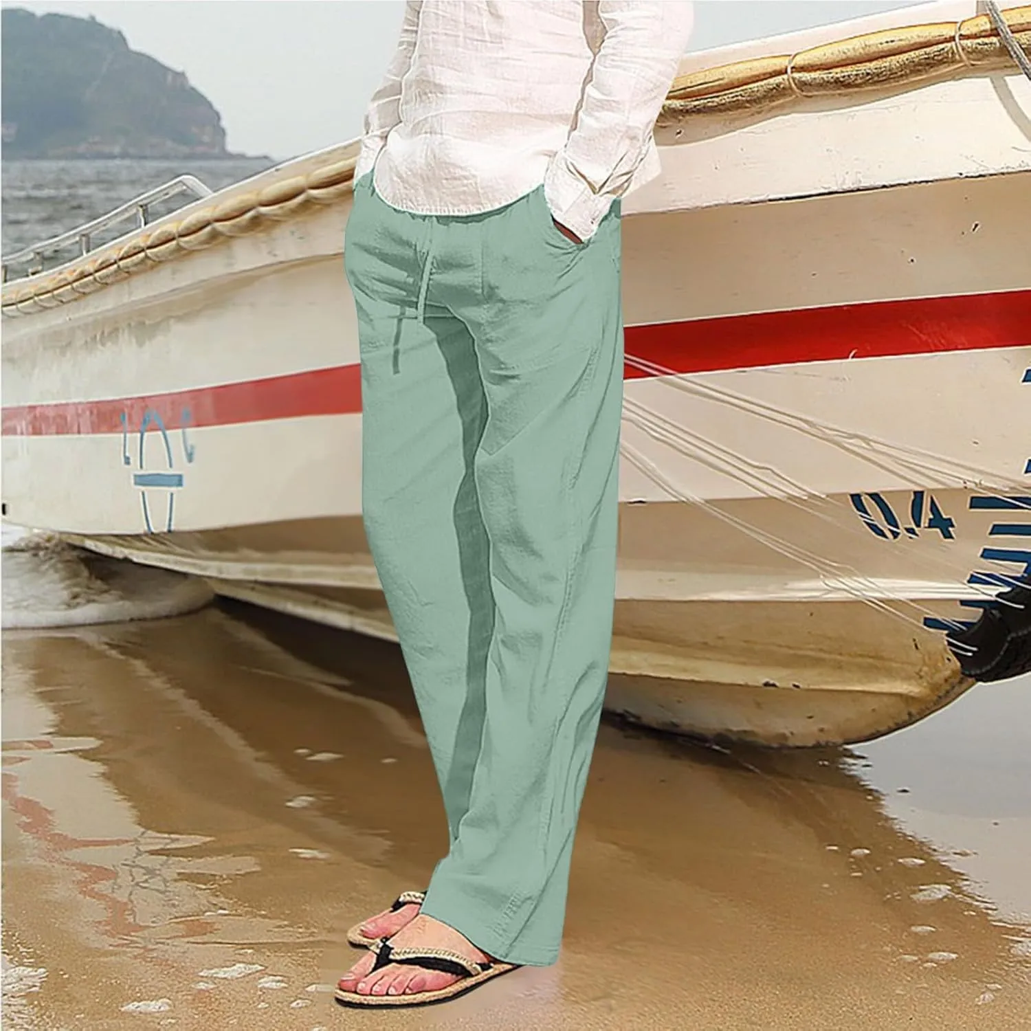 White Linen Pants Men Drawstring Slim Fit Yoga Pants Casual Vintage Lightweight Comfortable Trousers with Pockets