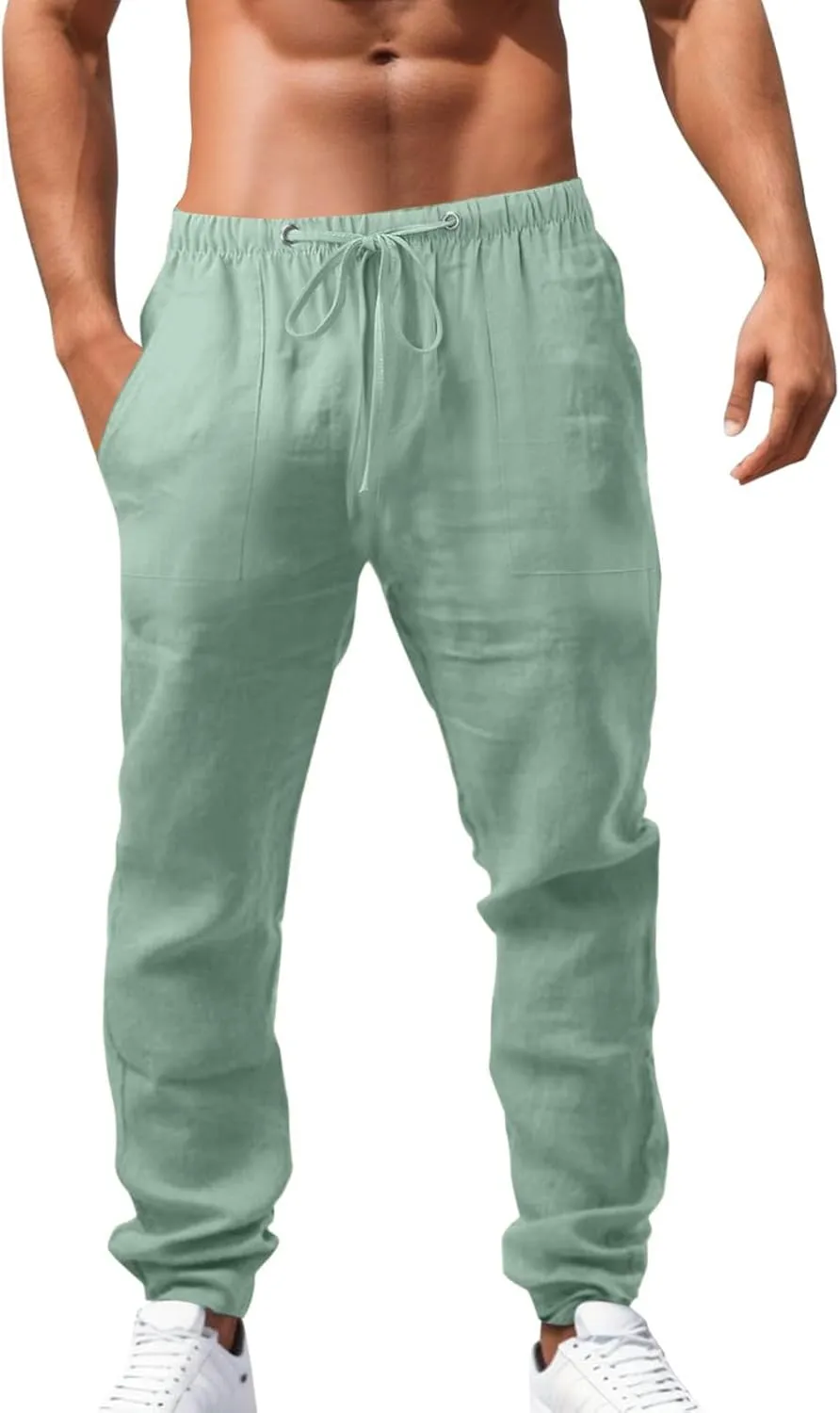 White Linen Pants Men Drawstring Slim Fit Yoga Pants Casual Vintage Lightweight Comfortable Trousers with Pockets