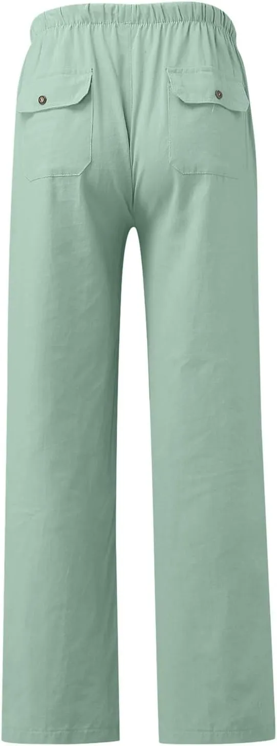 White Linen Pants Men Drawstring Slim Fit Yoga Pants Casual Vintage Lightweight Comfortable Trousers with Pockets