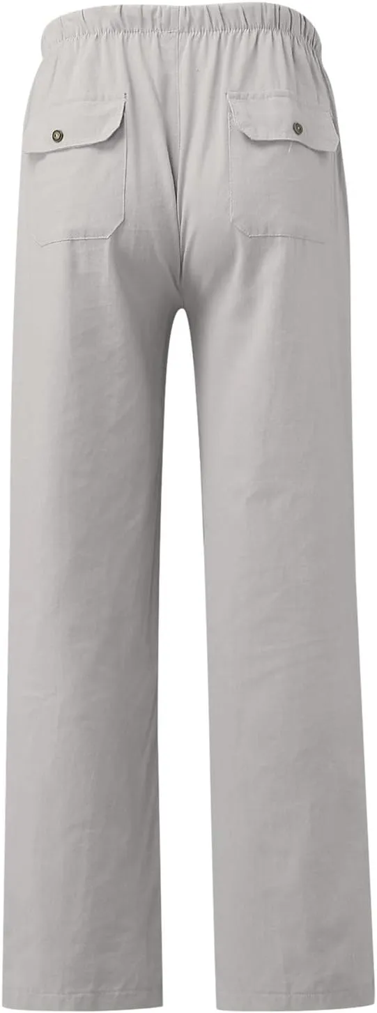 White Linen Pants Men Drawstring Slim Fit Yoga Pants Casual Vintage Lightweight Comfortable Trousers with Pockets