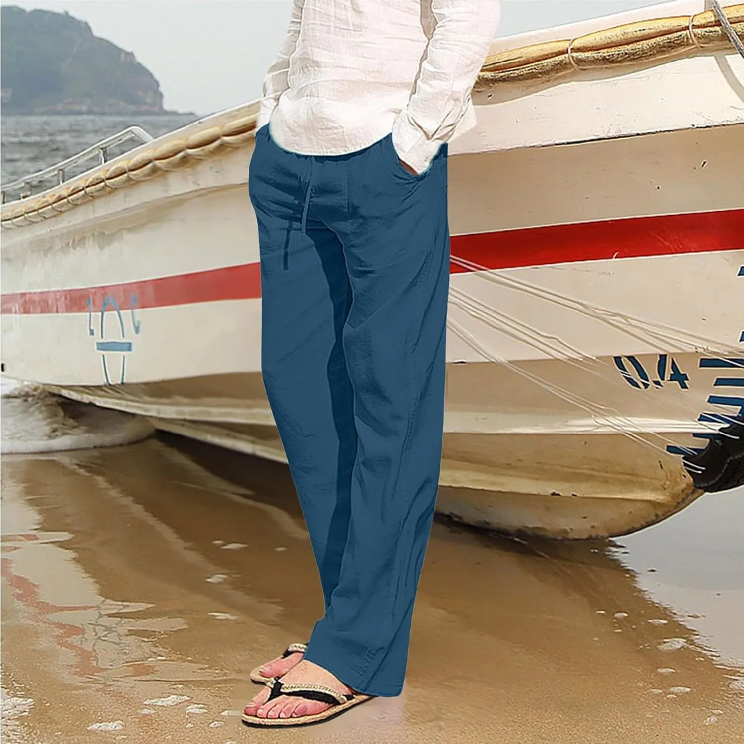 White Linen Pants Men Drawstring Slim Fit Yoga Pants Casual Vintage Lightweight Comfortable Trousers with Pockets