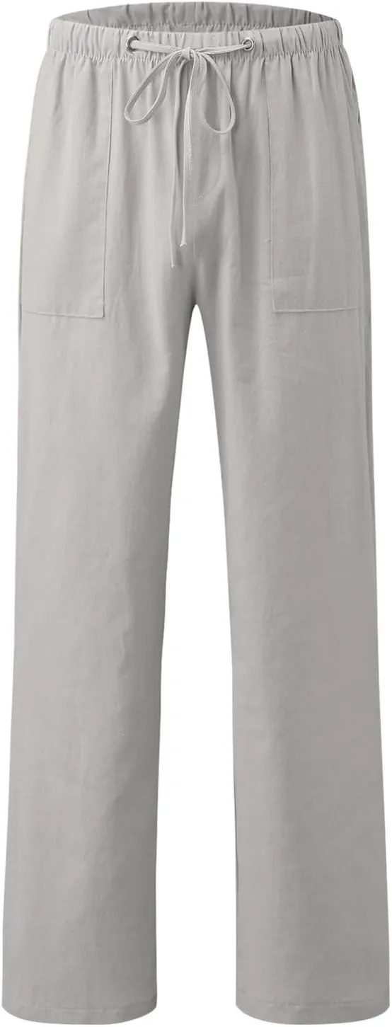 White Linen Pants Men Drawstring Slim Fit Yoga Pants Casual Vintage Lightweight Comfortable Trousers with Pockets
