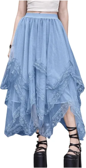 Womans Goth Lace Maxi Skirt A-Line Elastic High Waist Flowy Trim Layered Mesh Tulle Midi Skirts
