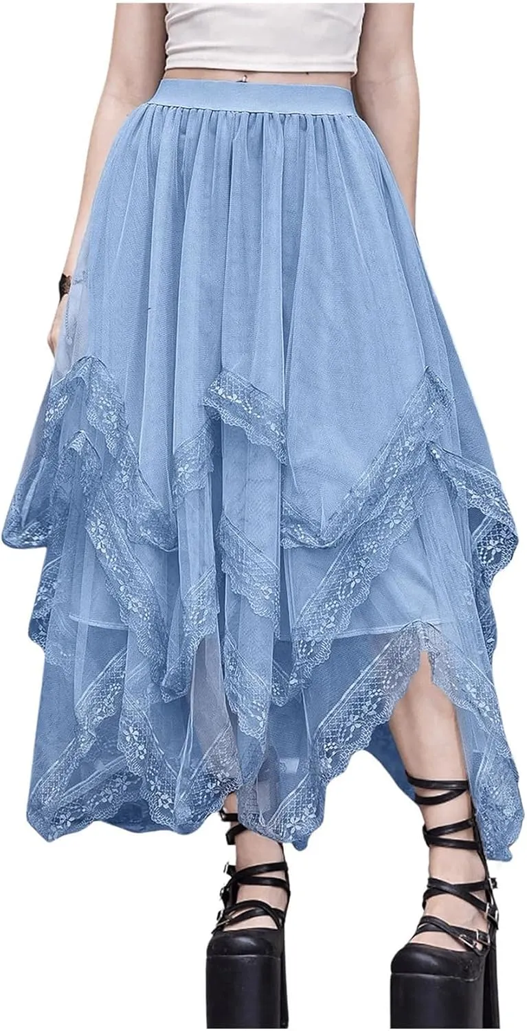 Womans Goth Lace Maxi Skirt A-Line Elastic High Waist Flowy Trim Layered Mesh Tulle Midi Skirts