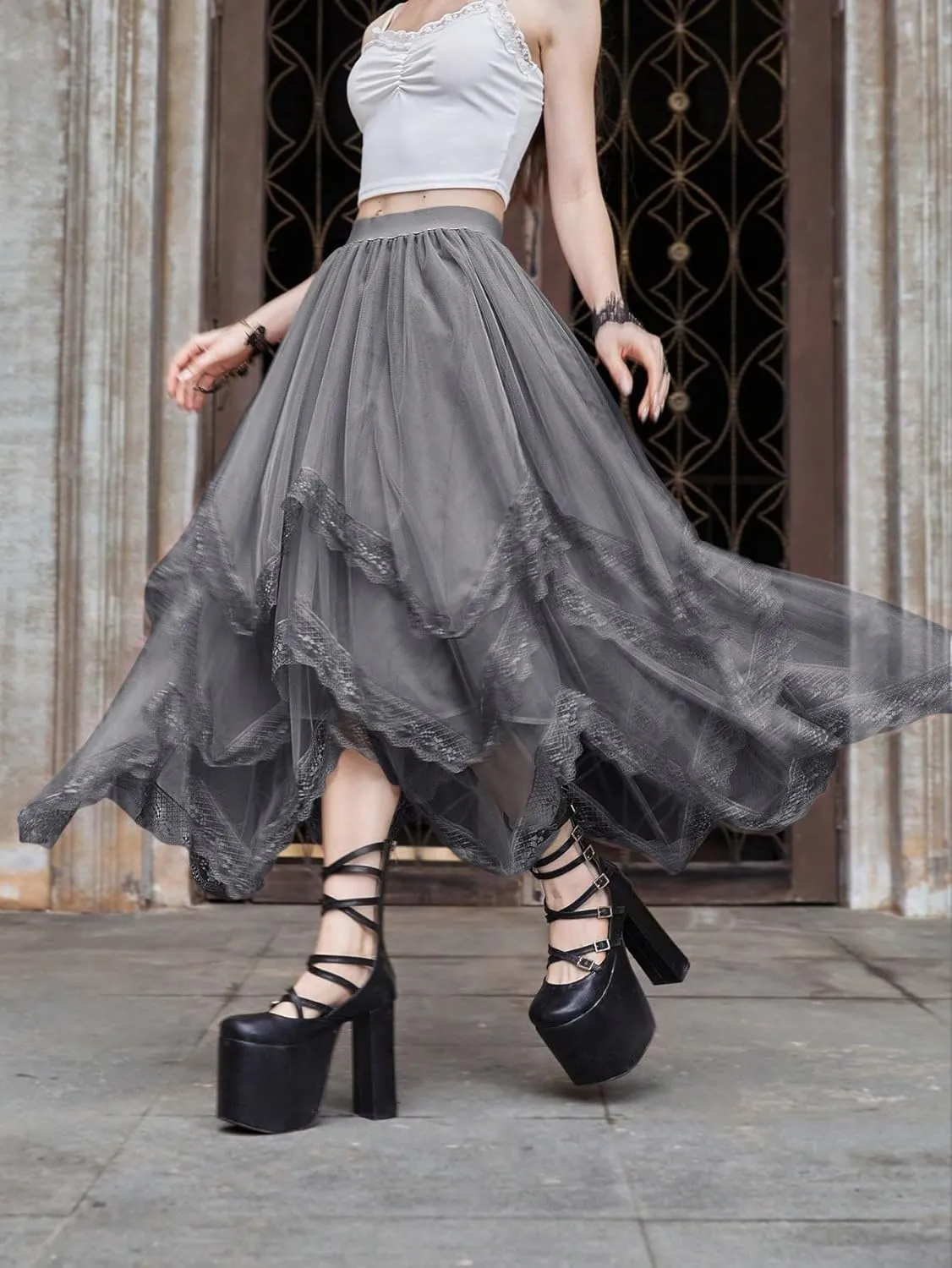 Womans Goth Lace Maxi Skirt A-Line Elastic High Waist Flowy Trim Layered Mesh Tulle Midi Skirts