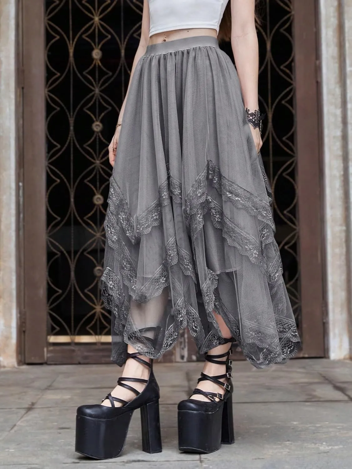 Womans Goth Lace Maxi Skirt A-Line Elastic High Waist Flowy Trim Layered Mesh Tulle Midi Skirts