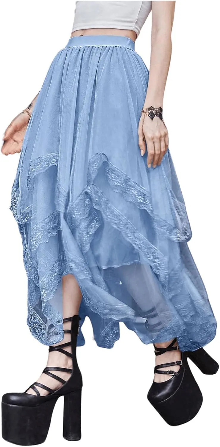 Womans Goth Lace Maxi Skirt A-Line Elastic High Waist Flowy Trim Layered Mesh Tulle Midi Skirts
