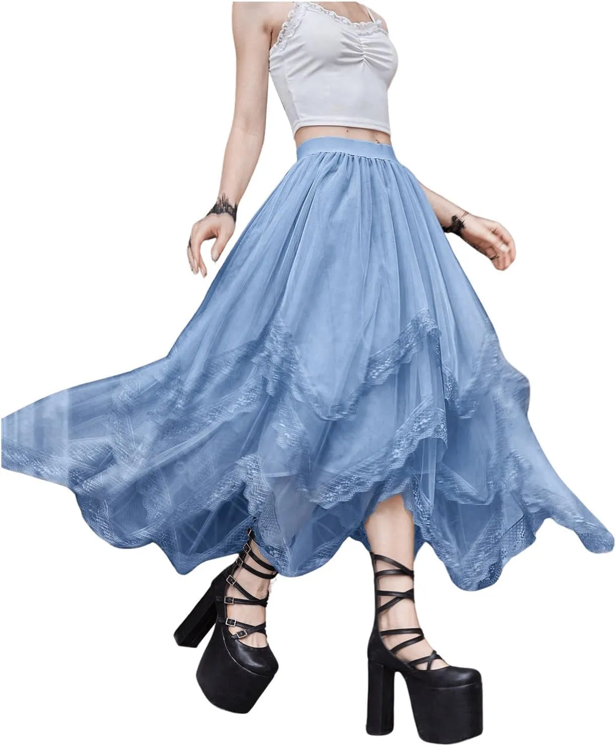 Womans Goth Lace Maxi Skirt A-Line Elastic High Waist Flowy Trim Layered Mesh Tulle Midi Skirts