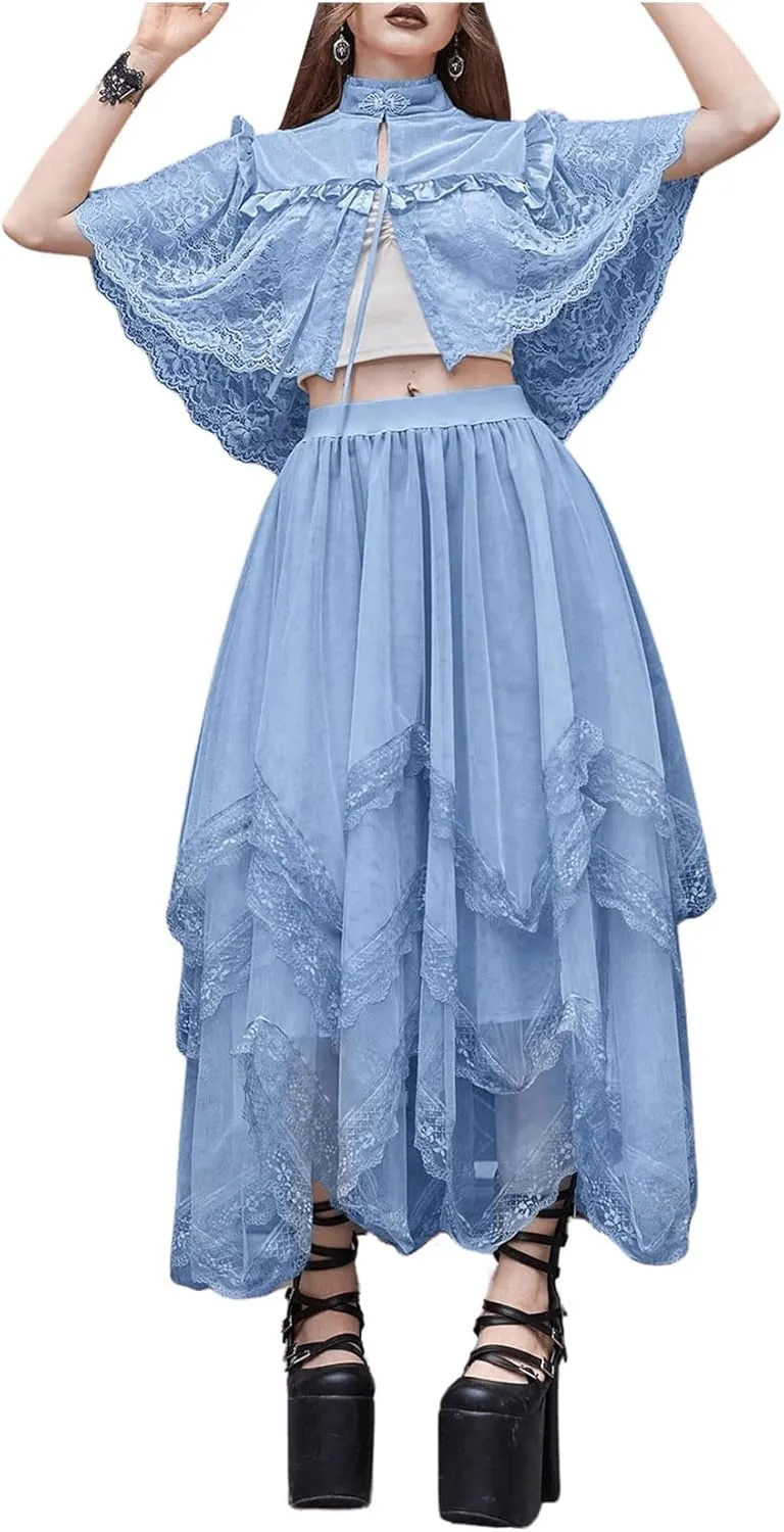 Womans Goth Lace Maxi Skirt A-Line Elastic High Waist Flowy Trim Layered Mesh Tulle Midi Skirts
