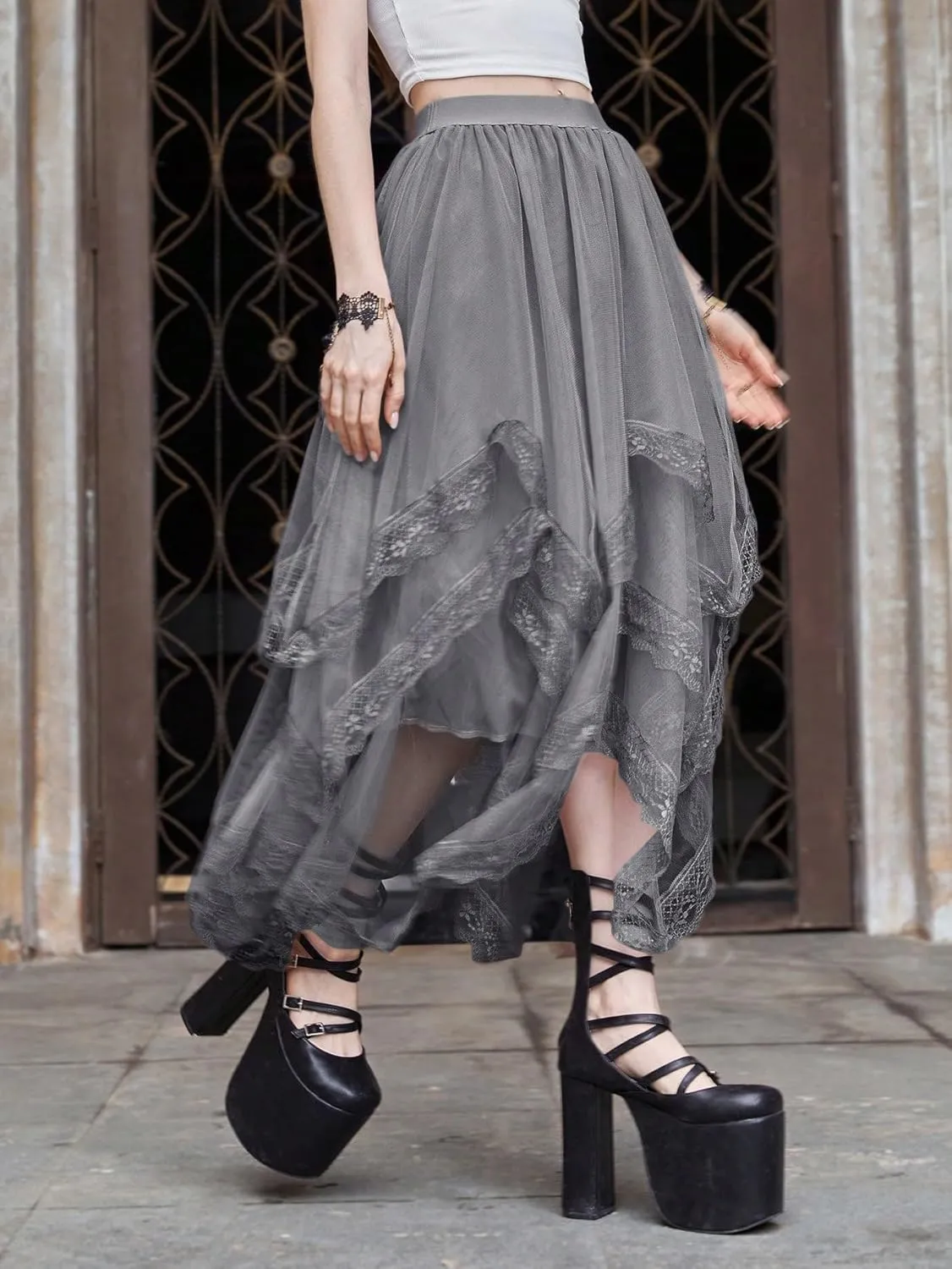 Womans Goth Lace Maxi Skirt A-Line Elastic High Waist Flowy Trim Layered Mesh Tulle Midi Skirts