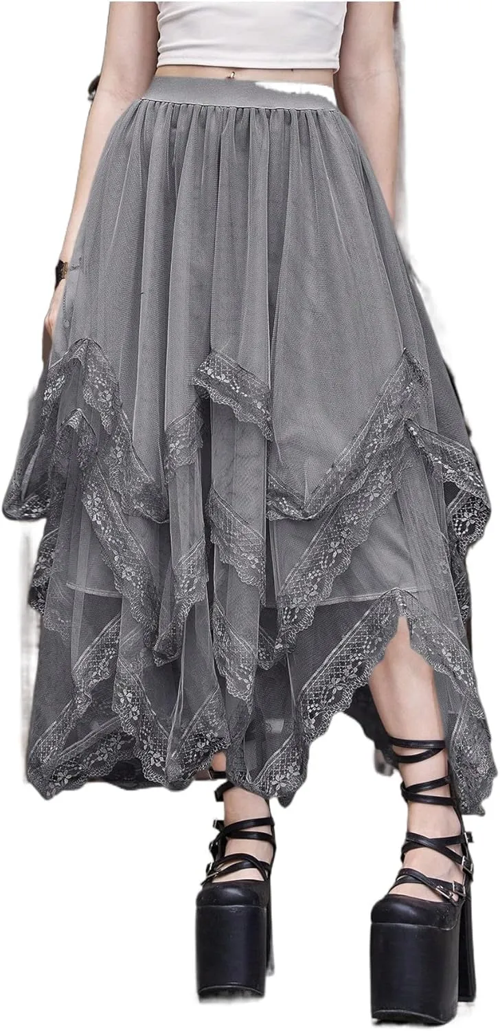 Womans Goth Lace Maxi Skirt A-Line Elastic High Waist Flowy Trim Layered Mesh Tulle Midi Skirts