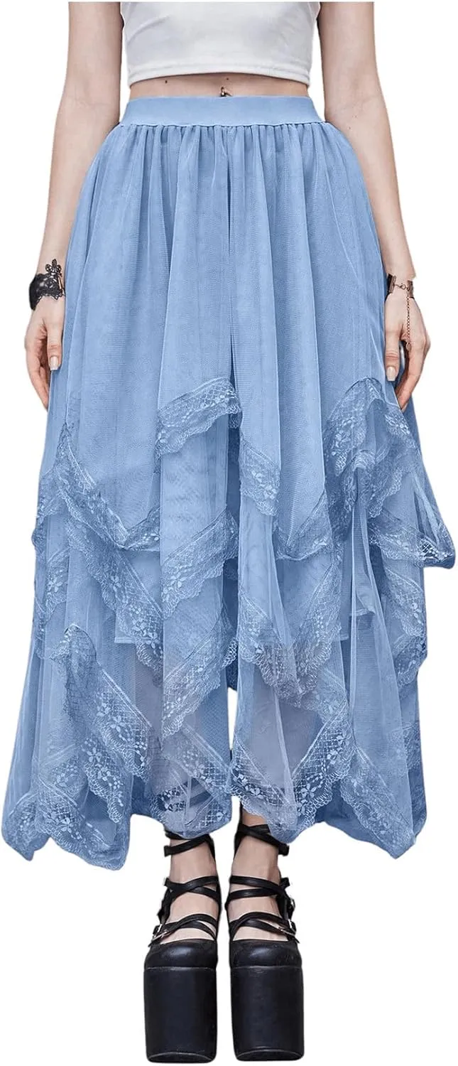 Womans Goth Lace Maxi Skirt A-Line Elastic High Waist Flowy Trim Layered Mesh Tulle Midi Skirts