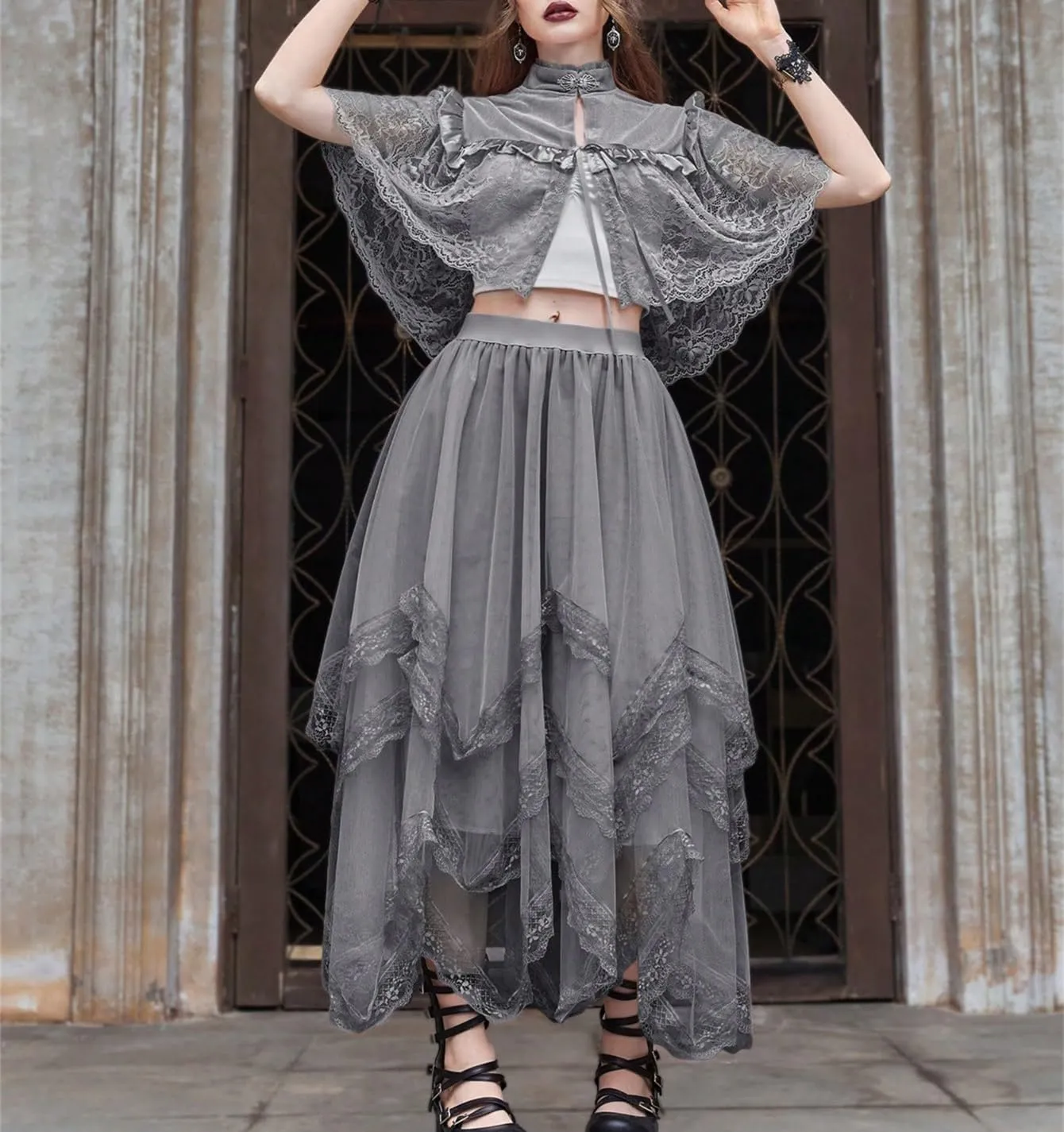 Womans Goth Lace Maxi Skirt A-Line Elastic High Waist Flowy Trim Layered Mesh Tulle Midi Skirts