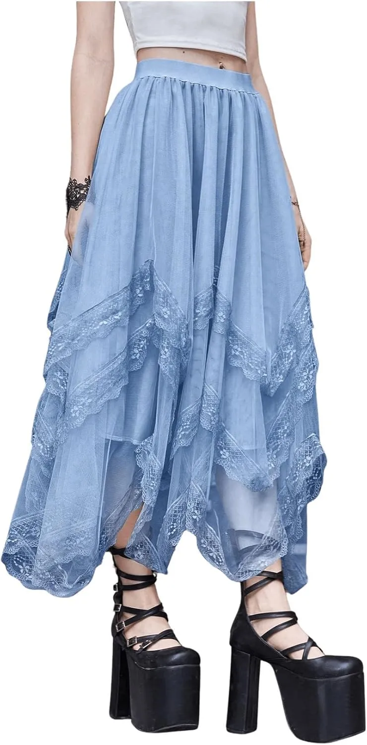 Womans Goth Lace Maxi Skirt A-Line Elastic High Waist Flowy Trim Layered Mesh Tulle Midi Skirts