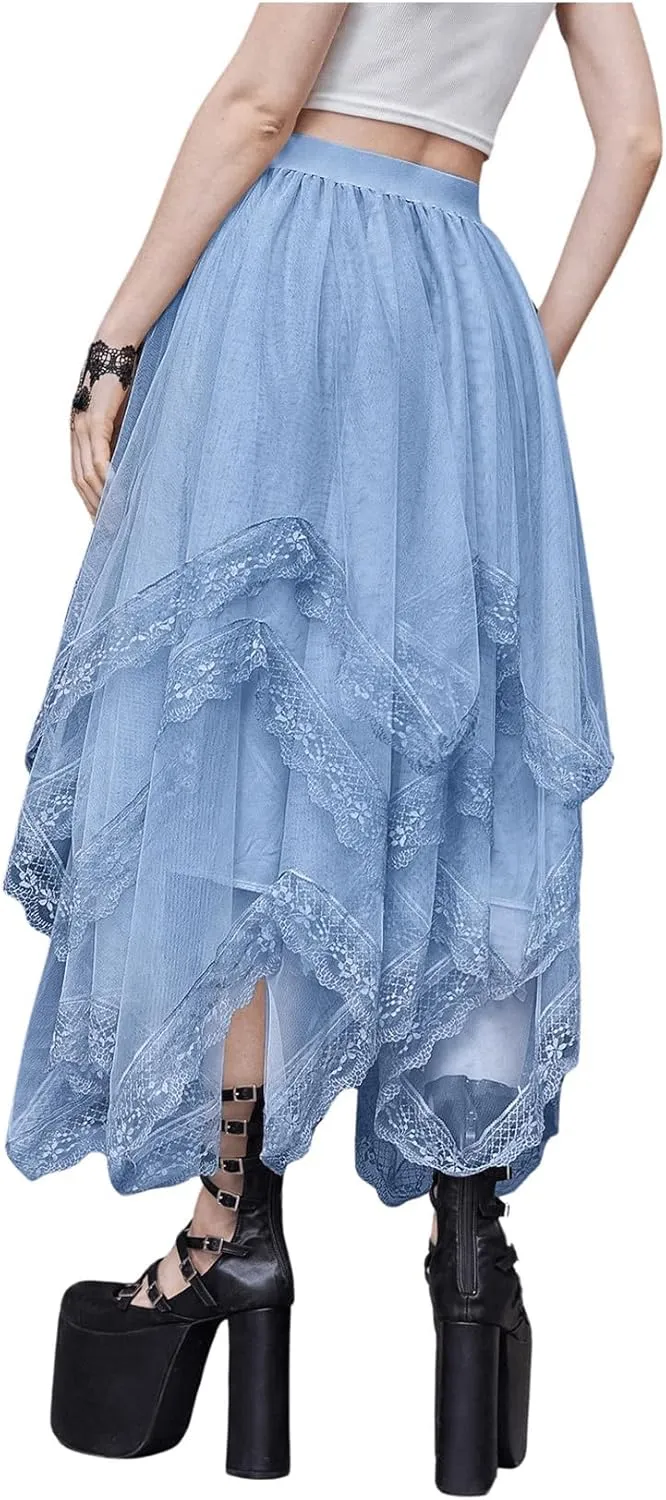 Womans Goth Lace Maxi Skirt A-Line Elastic High Waist Flowy Trim Layered Mesh Tulle Midi Skirts