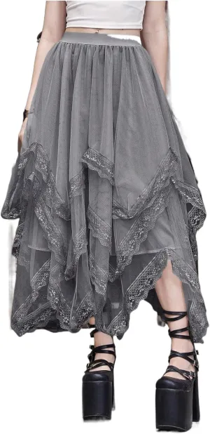 Womans Goth Lace Maxi Skirt A-Line Elastic High Waist Flowy Trim Layered Mesh Tulle Midi Skirts