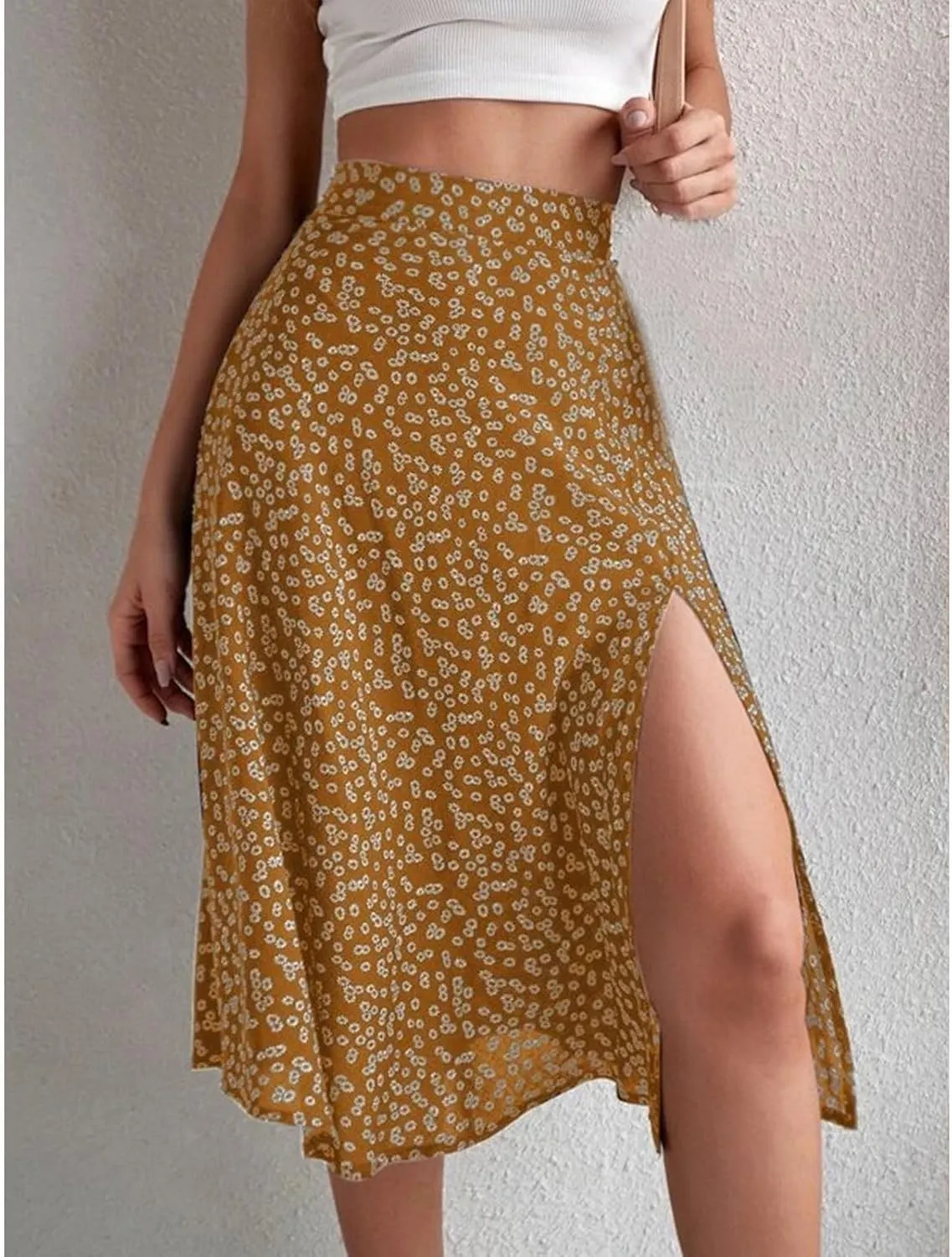 Women Boho Floral Skirts Slit Summer Flowy Split Maxi Skirt Lightweight High Waist A Line Skirts Beach Clothes