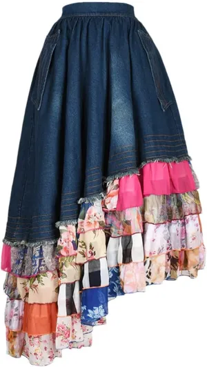 Women Chiffon and Denim Patchwork Floral Skirts Ruffle Layered Elastic Waist Bohemian Long Maxi Skirts