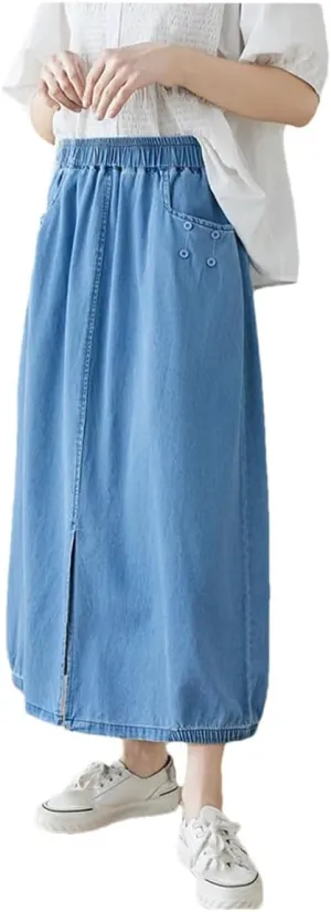 Women Elastic High Waist Denim Skirt A-Line Split Ruffle Skirts Loose Midi Blue Pleated Skirt