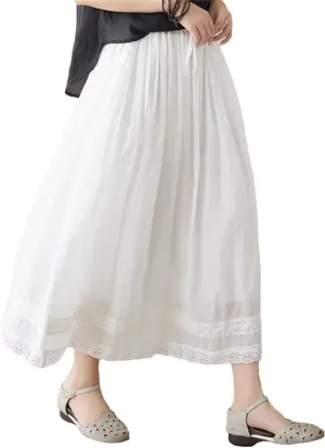 Women Elastic Waist Loose Pleated Skirts Breathable Embroidery A-Line Midi Skirts