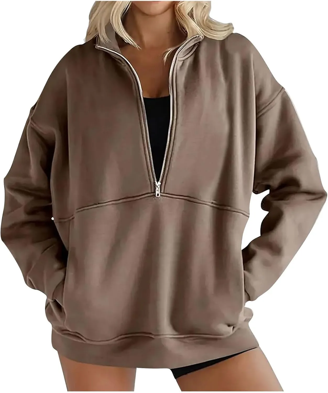 Women Fleece Half Zip Pullover Comfy Oversized Sweatshirt Trendy 1/4 Zip Up Hoodie Casual Fall Sweaters with Pockets