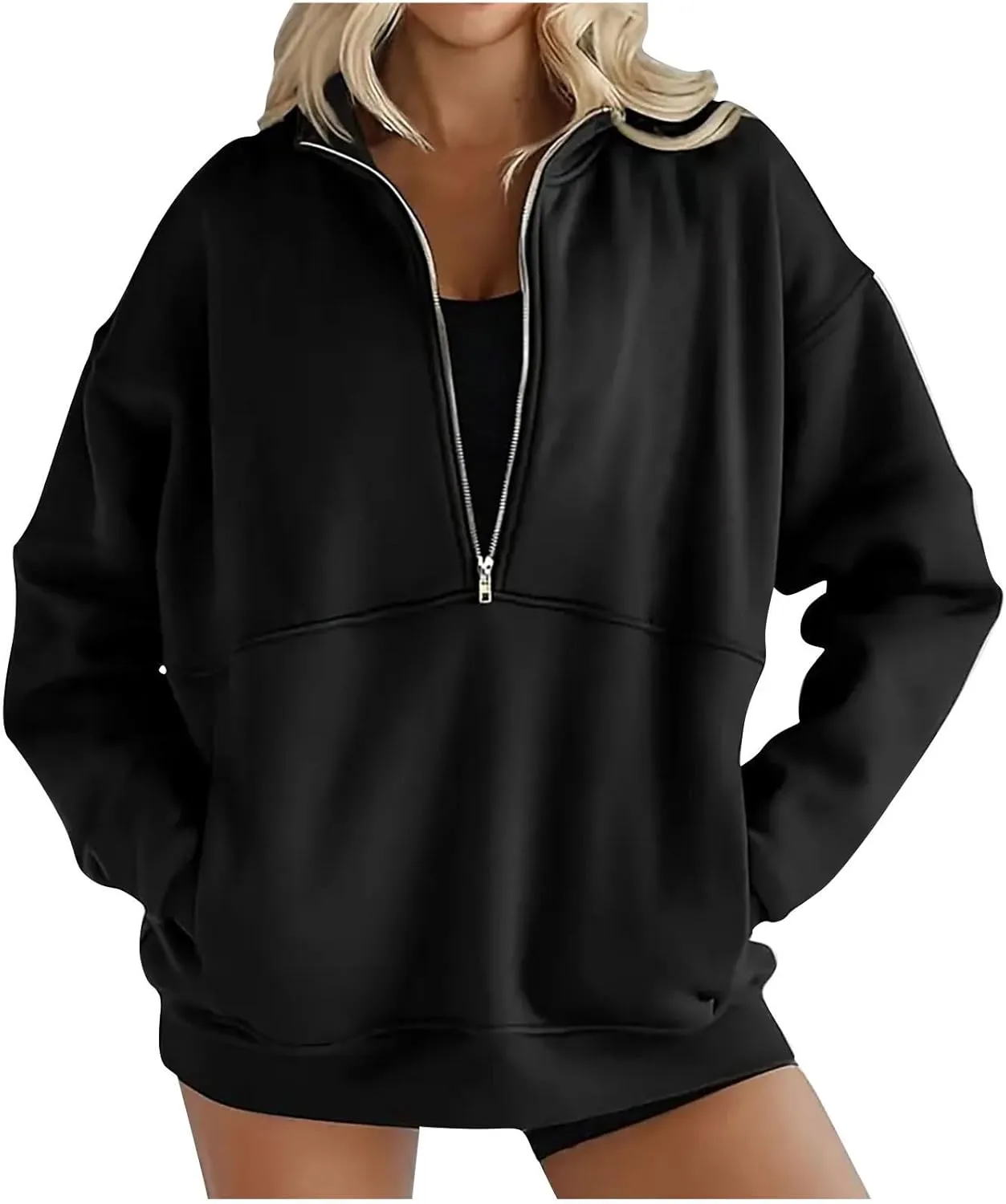 Women Fleece Half Zip Pullover Comfy Oversized Sweatshirt Trendy 1/4 Zip Up Hoodie Casual Fall Sweaters with Pockets