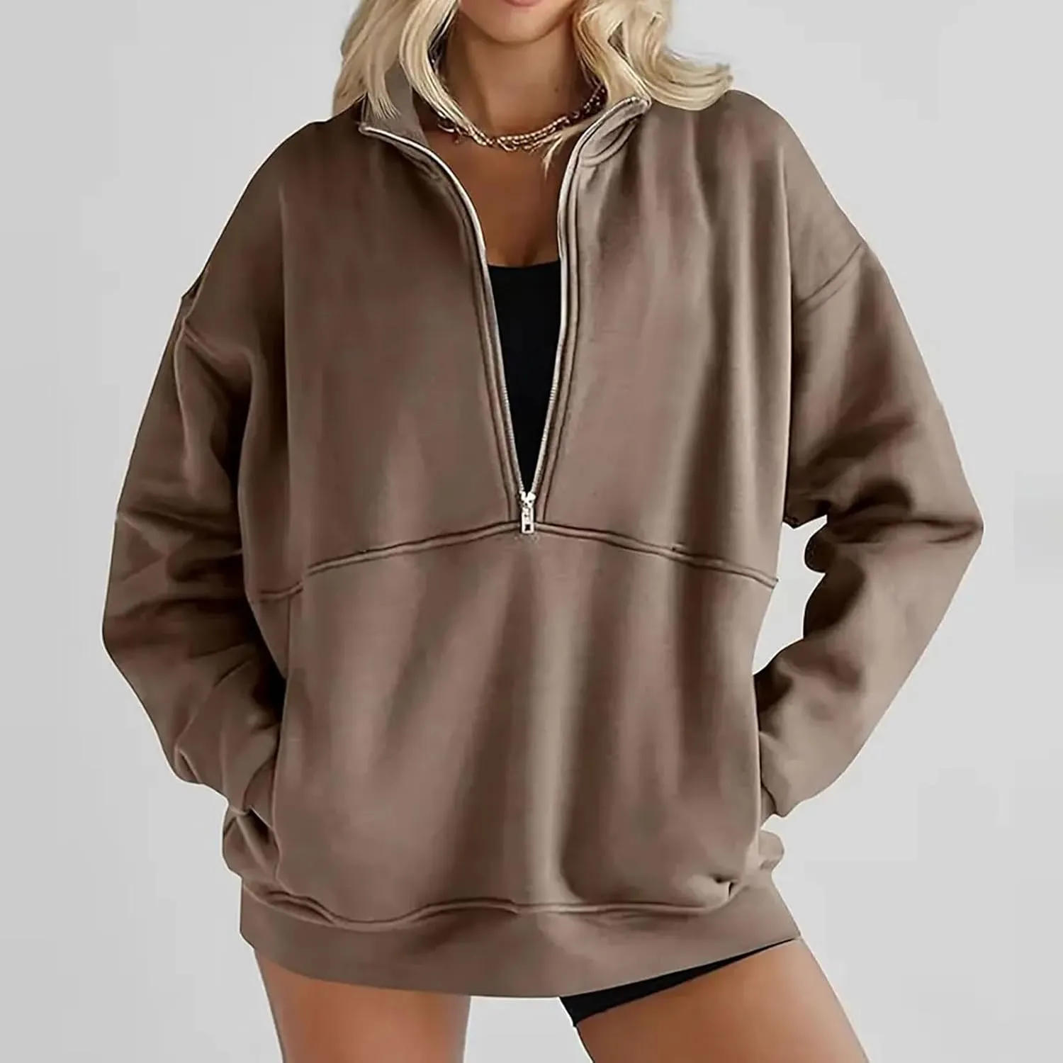 Women Fleece Half Zip Pullover Comfy Oversized Sweatshirt Trendy 1/4 Zip Up Hoodie Casual Fall Sweaters with Pockets