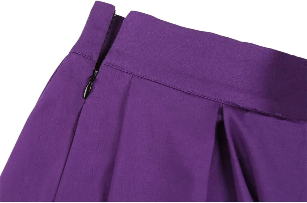 Women High Waist Midi Skirt Cotton Solid A Line Flare Swing Skirt Purple Rockabilly Skirts