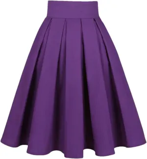 Women High Waist Midi Skirt Cotton Solid A Line Flare Swing Skirt Purple Rockabilly Skirts