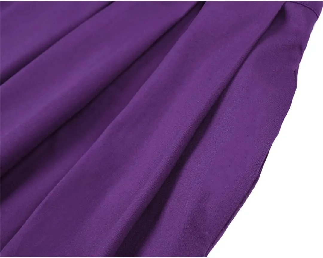 Women High Waist Midi Skirt Cotton Solid A Line Flare Swing Skirt Purple Rockabilly Skirts