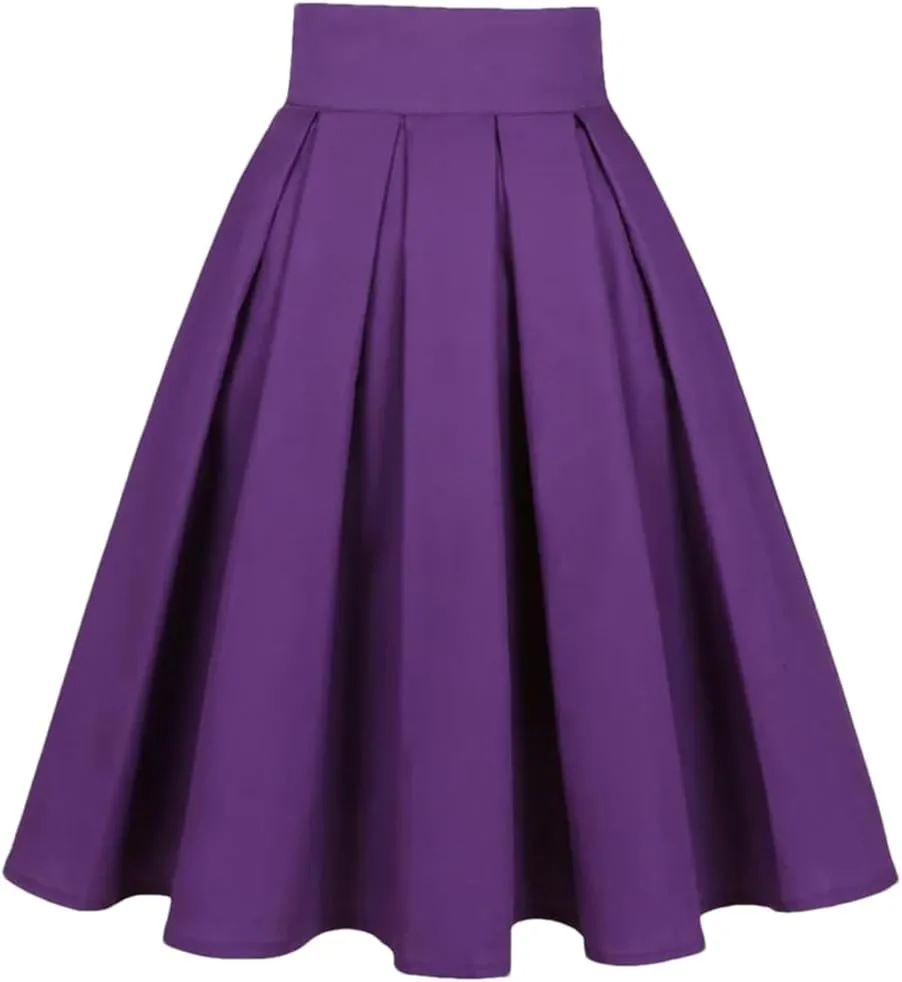 Women High Waist Midi Skirt Cotton Solid A Line Flare Swing Skirt Purple Rockabilly Skirts