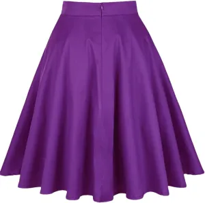 Women High Waist Midi Skirt Cotton Solid A Line Flare Swing Skirt Purple Rockabilly Skirts