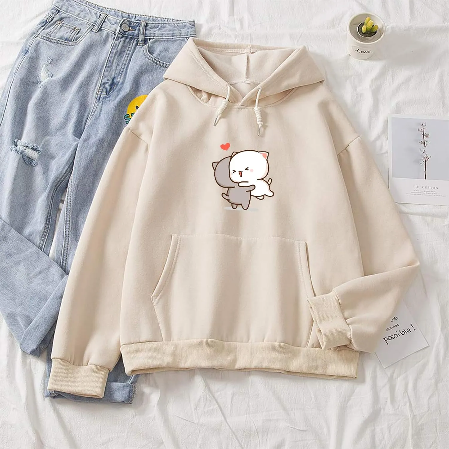Women Kawaii Cartoon Cute Cat Graphic Casual Cotton Pullover Hoodies Sweatshirt