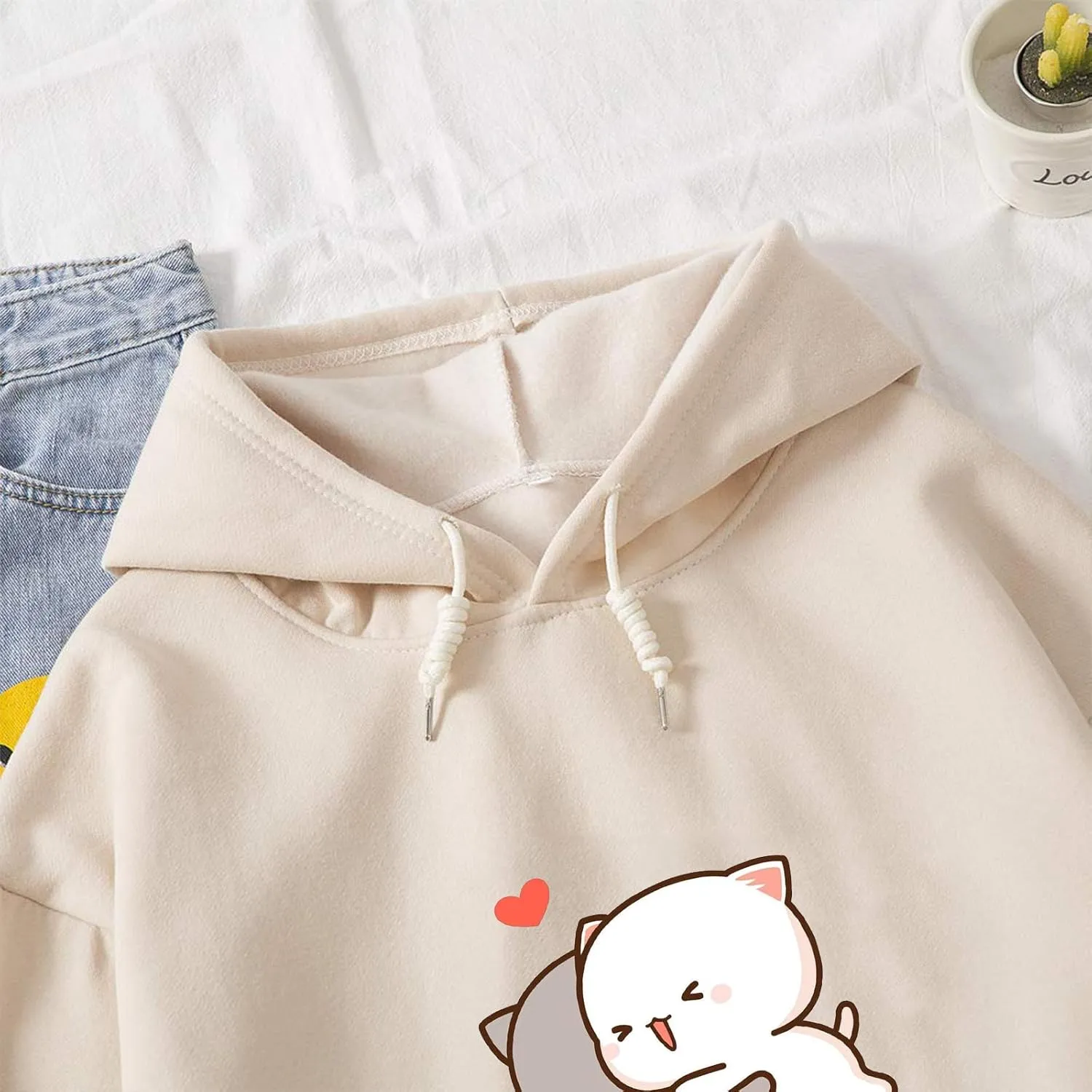 Women Kawaii Cartoon Cute Cat Graphic Casual Cotton Pullover Hoodies Sweatshirt