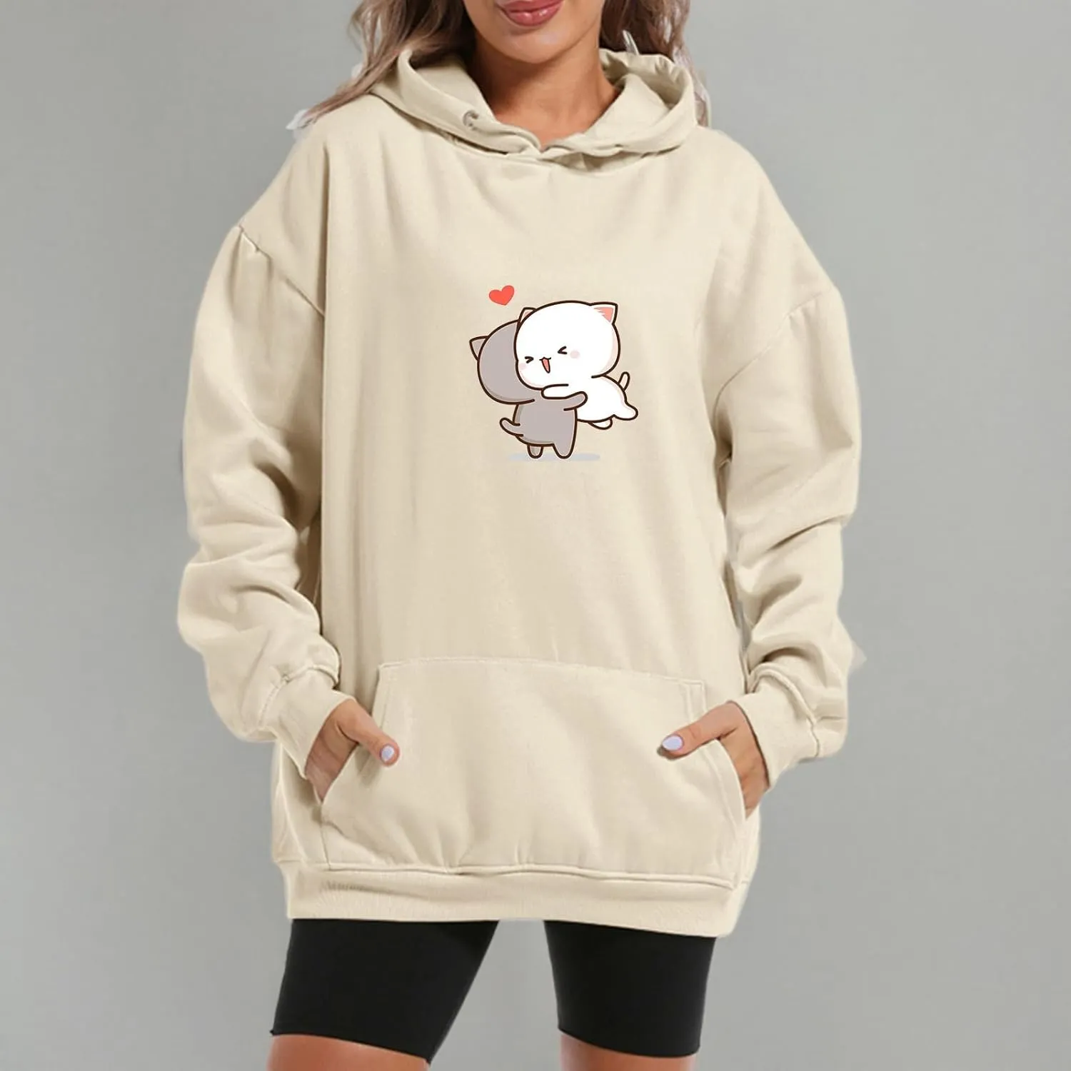 Women Kawaii Cartoon Cute Cat Graphic Casual Cotton Pullover Hoodies Sweatshirt