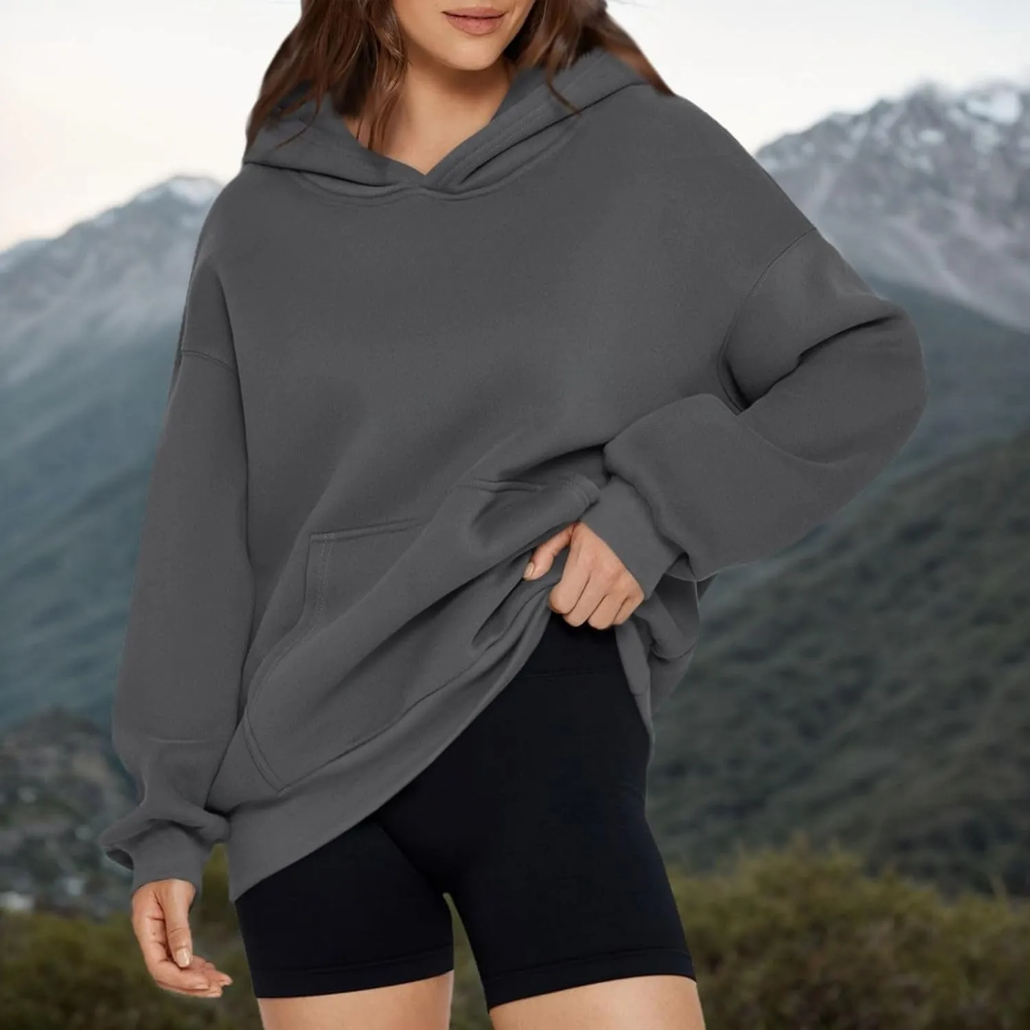 Women Oversized Hoodie Fleece Y2K Hoodie with Kangaroo Pockets Casual Fall Sweatshirts Long Sleeve Preppy Sweatshirt