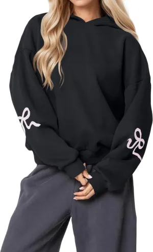 Women Pink Bow Hoodies Loose Fit Long Sleeve Graphic Preppy Hoodies Casual Y2k Cute Hoodies for Teen Girls Outfits
