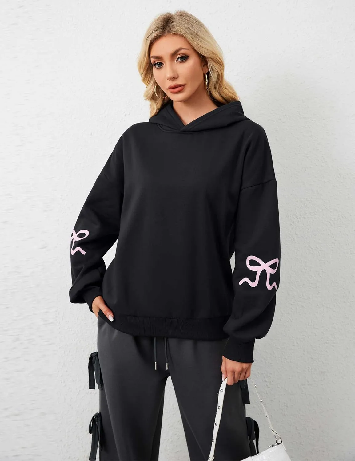 Women Pink Bow Hoodies Loose Fit Long Sleeve Graphic Preppy Hoodies Casual Y2k Cute Hoodies for Teen Girls Outfits