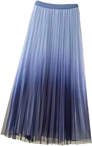 Women Spring Summer Gradient Pleated Mesh Skirts Elastic High Waist Casual A-Line Party Midi Long Skirt